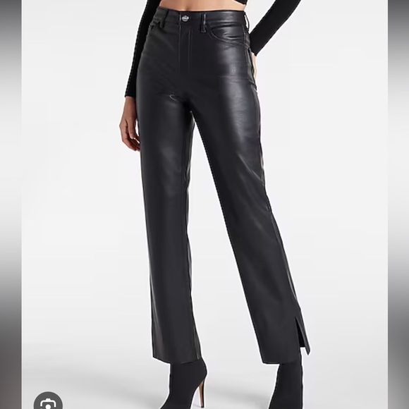 Super High Waisted Faux Leather Vented Hem Modern Straight Pant - Picture 3 of 9